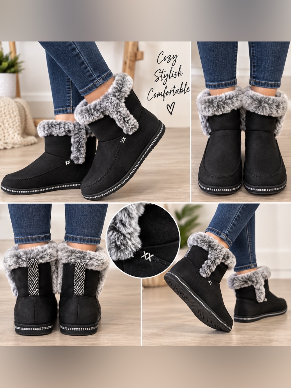 Skechers Cozy Campfire Fresh Breeze Black Faux Fur Winter Boots Size 7.5